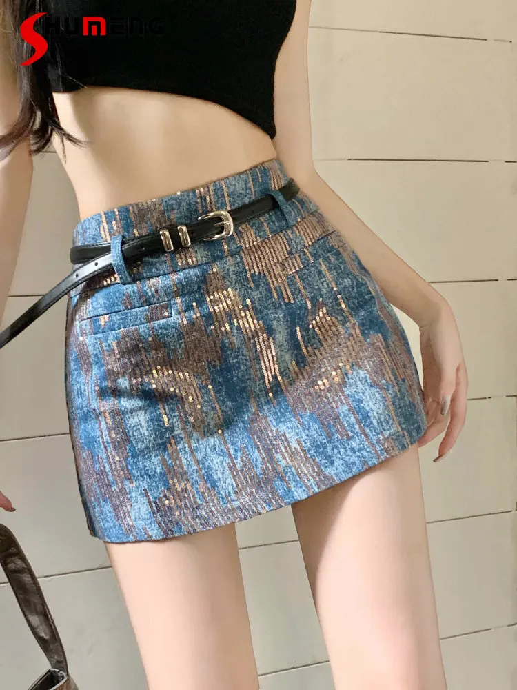 

Retro Sequins Short Denim Skirt 2023 New Women's Summer Korean Fashion Sexy Slim Fit Slimming A- Line High Waisted Jean Skirt