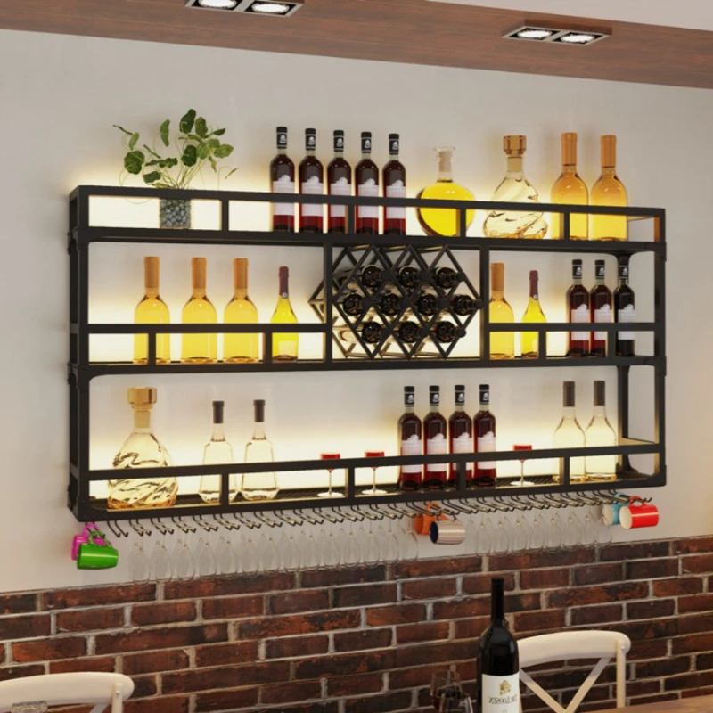 

Black Metal Bar Cabinet Storage Wall Display Light Commercial Wine Racks Beer Restaurant Liquor Stojak Na Wino Bar Accessories