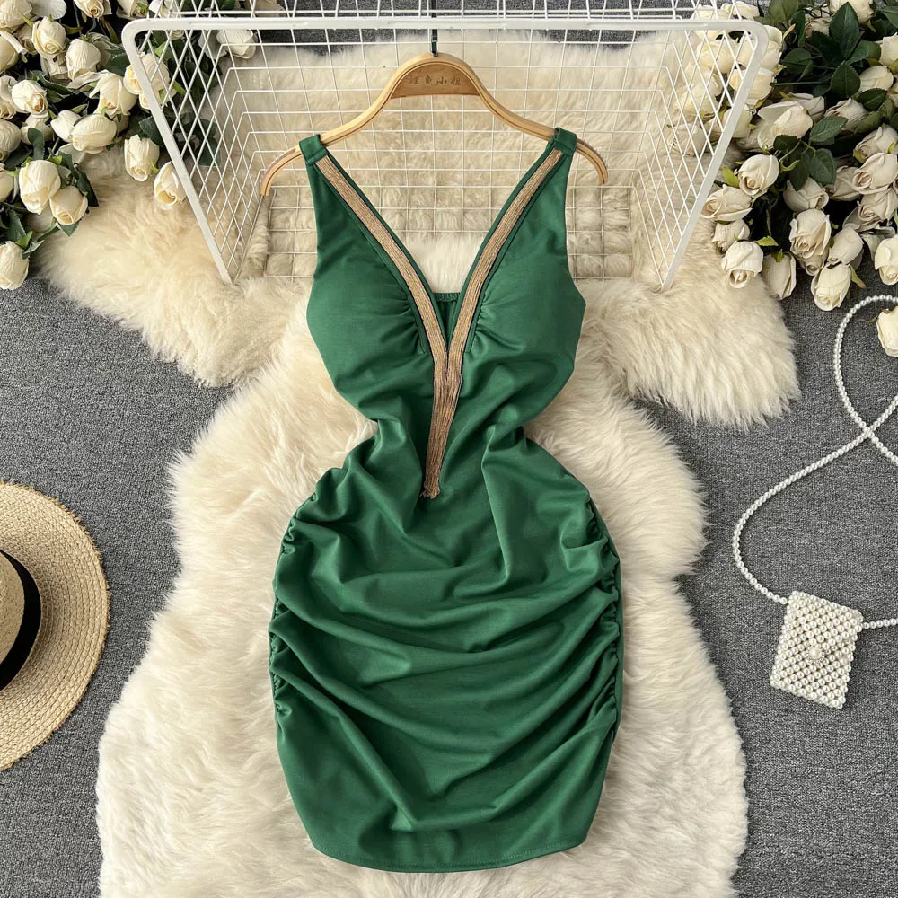 

Женское плиссированное платье на бретелях, Привлекательное платье с глубоким вырезом, открытой спиной и глубоким вырезом, весна 2022