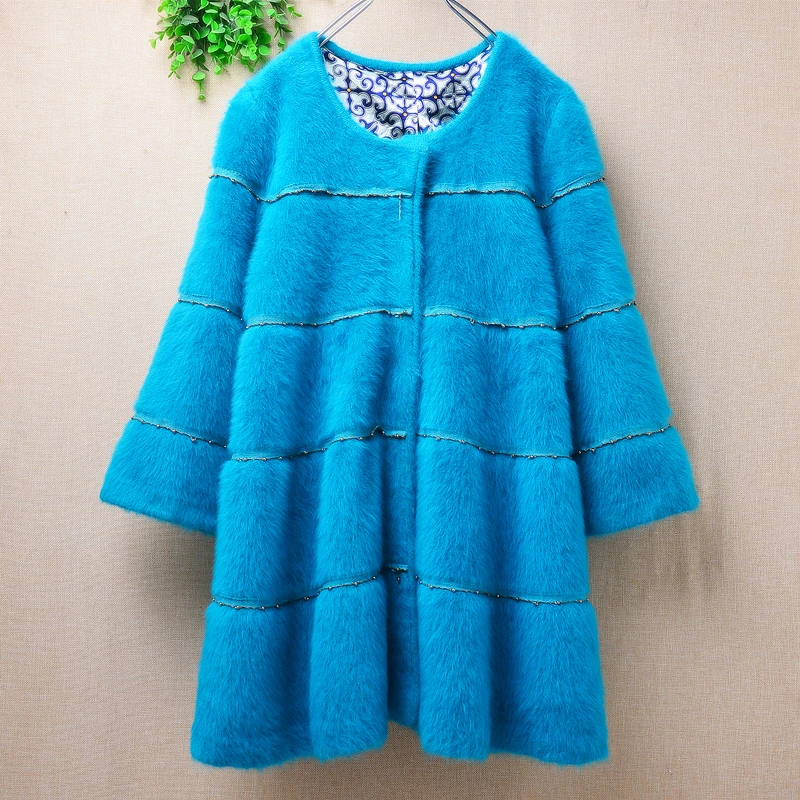 

Женский Синий Плотный теплый кашемировый вязаный кардиган с длинными расклешенными рукавами из меха норки и ангорской шерсти