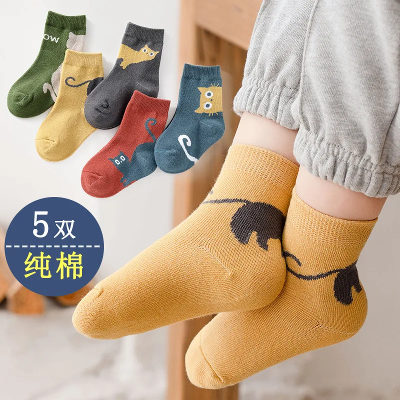 5Pair/Lot Kids Cotton Socks Boy Girl Baby Cute Cartoon Soft Warm Stripe Monster Fashion Sport Socks Autumn Winter Children Gift