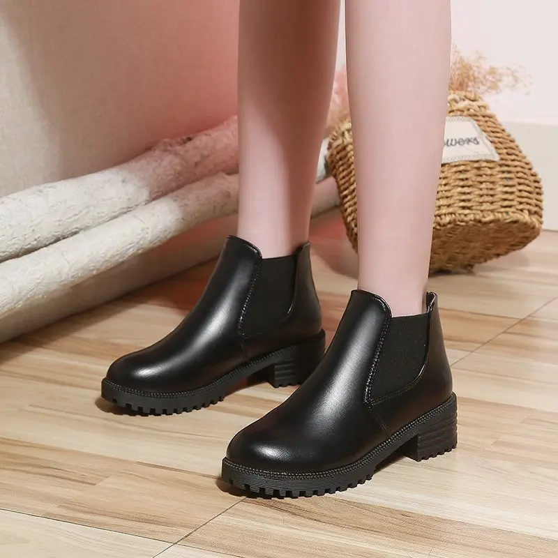 Women Ankle Boots Autumn New Woman Fashion British Style Black Casual PU Dress Shoes Female Motorcycle