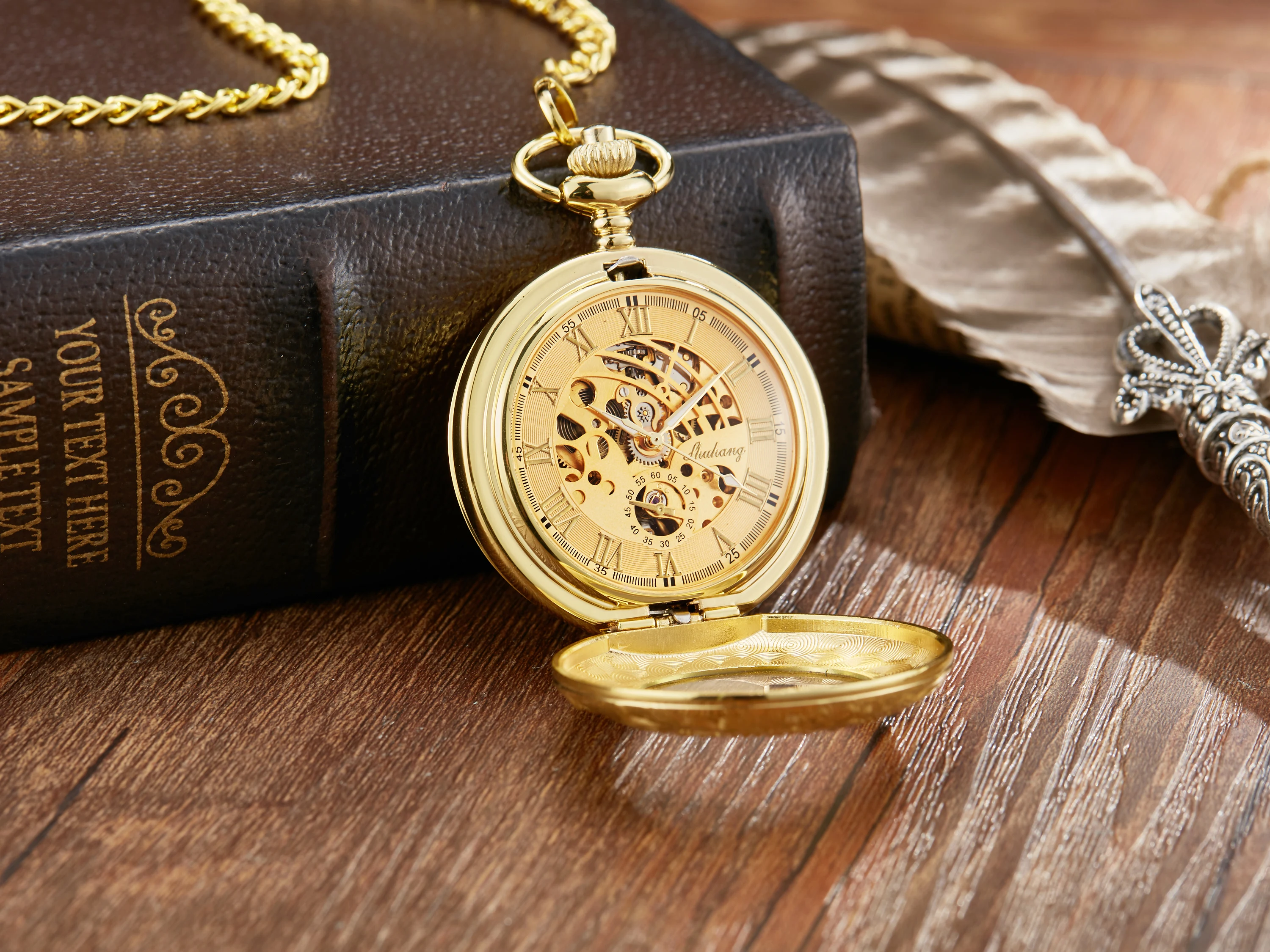 Vintage 2 Sides Open Case Mechanical Men Watch Double Face Roman Dial Clock Steampunk Hand Wind Pocket Watch With FOB Chain Gift