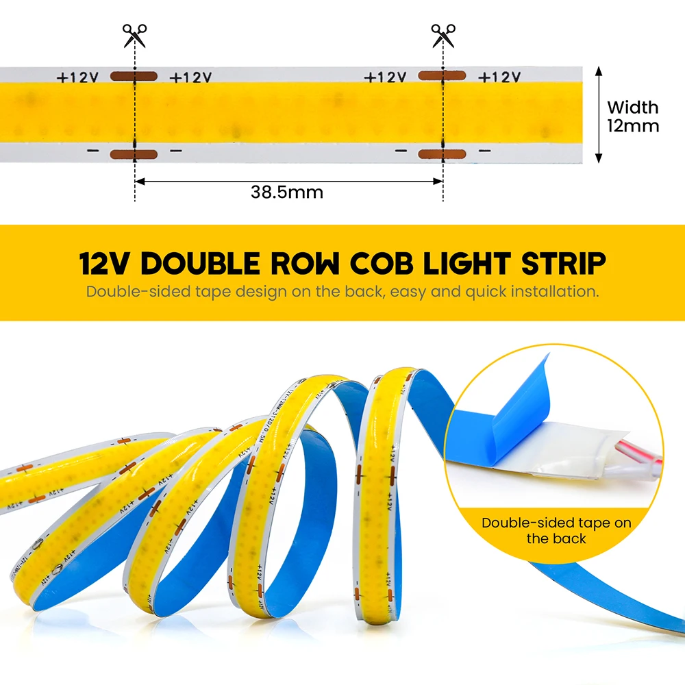 Фото Светодиодная лента COB 600 LED, 12В/24В, гибкая, высокой плотности, линейное освещение, теплый белый свет, RA90, для домашнего декора, 0.5м, 1м, 2м, 5м №2