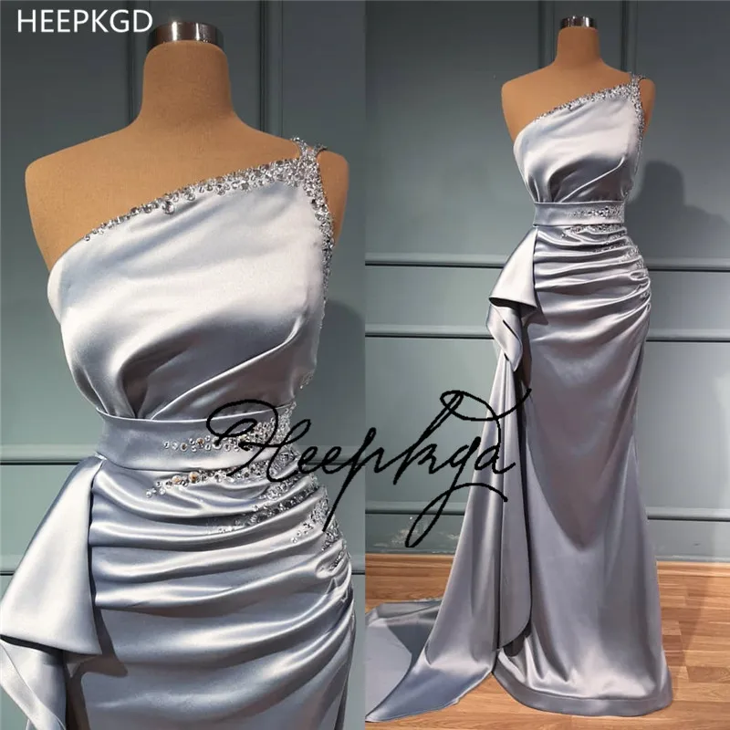 

Long Silver Mermaid Evening Dress With Rhinestones Detachable Train Spaghetti Strap Custom Made Party Gowns For Birthday