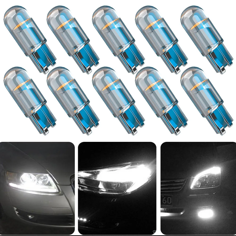 

10pcs Car Led Bulb W5W 194 T10 Car Glass Housing Cob White Green Blue Red 12V Wedge License Plate Lamp Dome Light Diedo Lighting