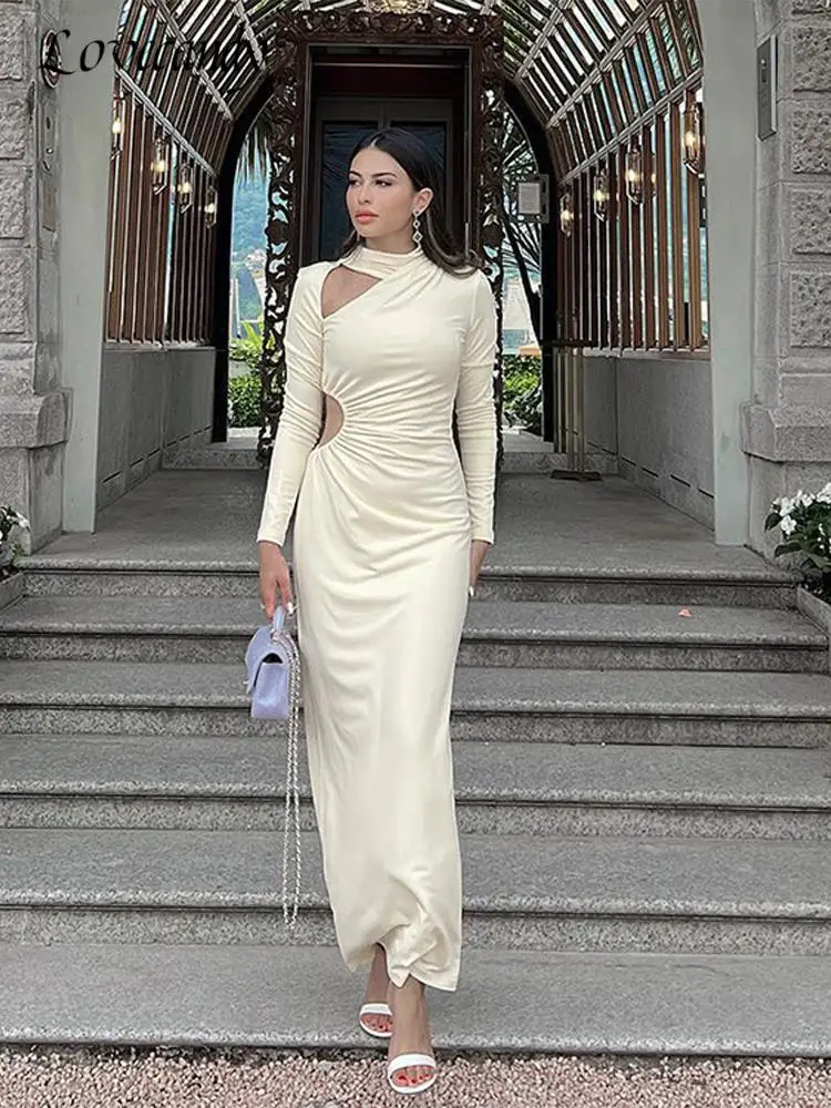 

Elegant Pleated Hollow Out Maxi Dress Women Long Sleeve Half High Collar Dresses 2023 Spring Casual Evening Female Solid Robe