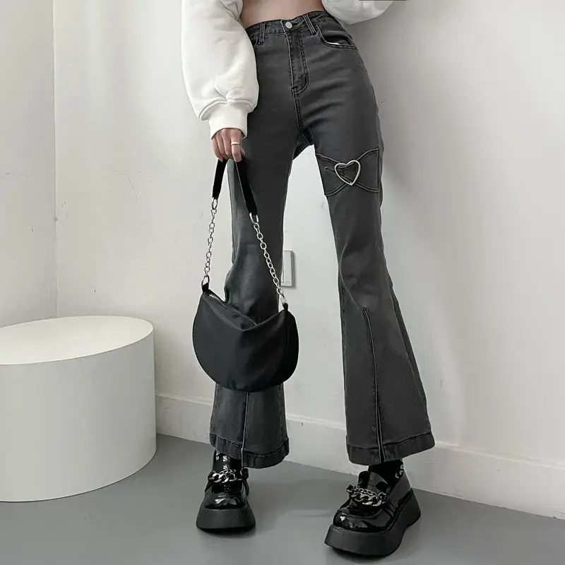 Feiernan Y2k Herz Jeans für Frauen Vintage Grau Denim Flare Hosen 90s Ästhetischen Böden Streetwear Mom Waschen Hosen Harajuku