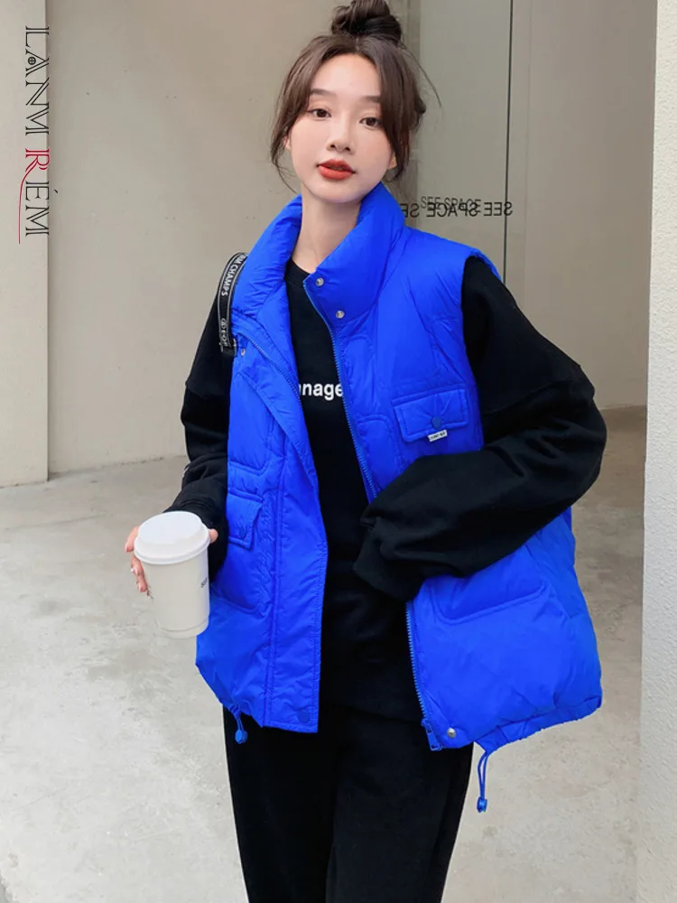 

LANMREM Blue Vest Coat For Women 2022 Autumn Winter New Lapel Zipper Loose Chic Coats Female Warm All Match Clothing 2R8162