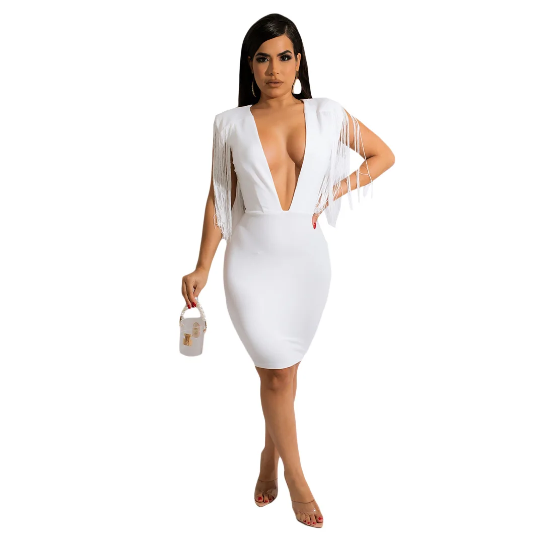 

White Sexy Dress Women's Skinny Bag Hip Pencil Skirt Fringed Deep V Sleeveless Mid-length Dress 2022 Summer Office Work Clothes