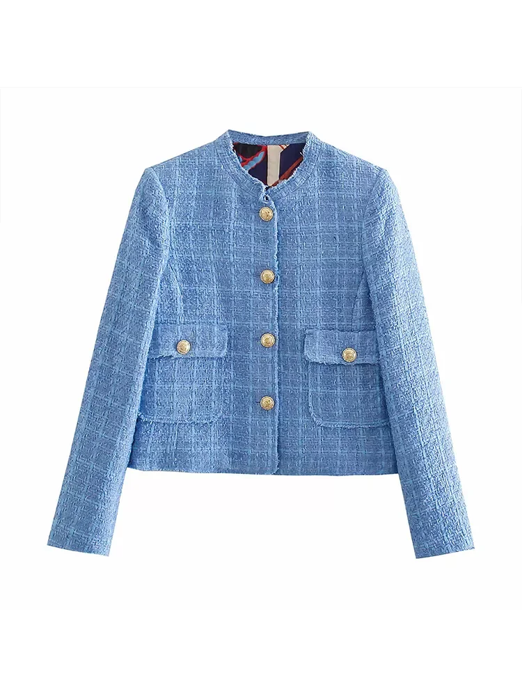 

Women New Fashion Metal Buttons Cropped Tweed Jacket Coat Vintage Long Sleeve Flap Pockets Female Outerwear Chic Tops