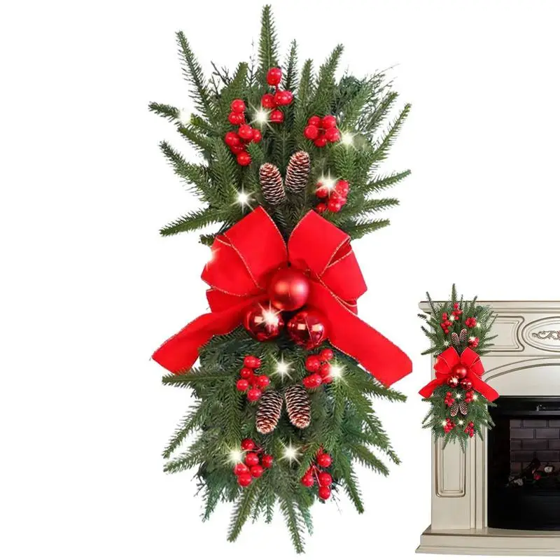 

Christmas Door Wreath Christmas Artificial Pine Lighted Wreath Winter Party Supplies Bow And Berries Decor Thanksgiving