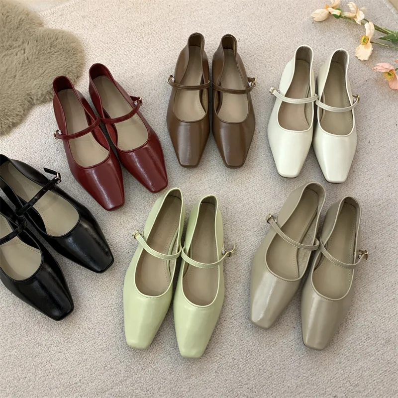 Spring Square Toe Ballet Shoes Fashion Low Heel Mary Jane Shoes Silver Shallow Buckle Soft Sole Shoes