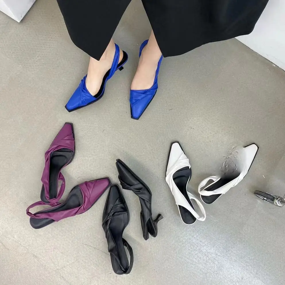 

Женские босоножки с квадратным носком, черные, белые, фиолетовые, синие классические туфли на тонком высоком каблуке с ремешком сзади, Новое поступление 2023