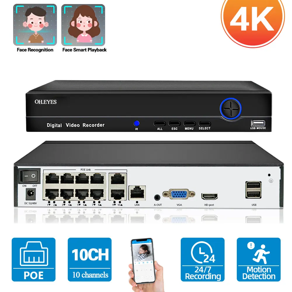 

4K 8CH POE NVR Register H.265 XMEYE Face Detection CCTV Network Surveillance Recorder 10CH 8MP POE NVR Security System P2P 4CH