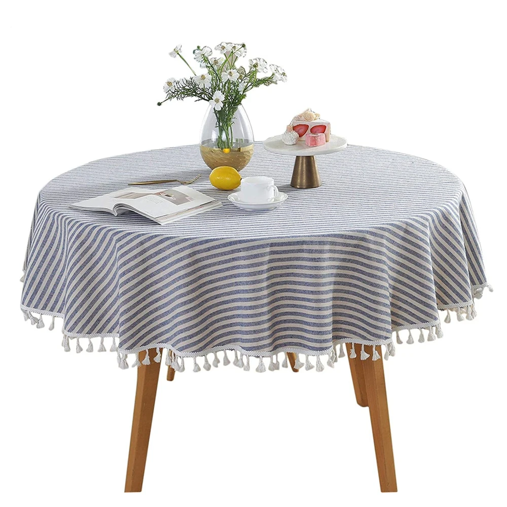 

Round Tablecloth 150cm/59'' Stripe Tassel Cotton Linen Table Cloth Table Cover for Home Kitchen Dinning Table Coffee Table Decor