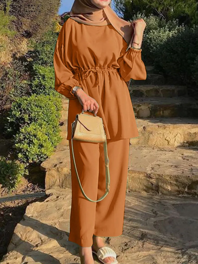 

ZANZEA Autumn Causal Islamic Clothing Muslim Suit O-Neck Solid Color Blouse Wide Leg Pant Bohemian Fashion Vintage Urban Set