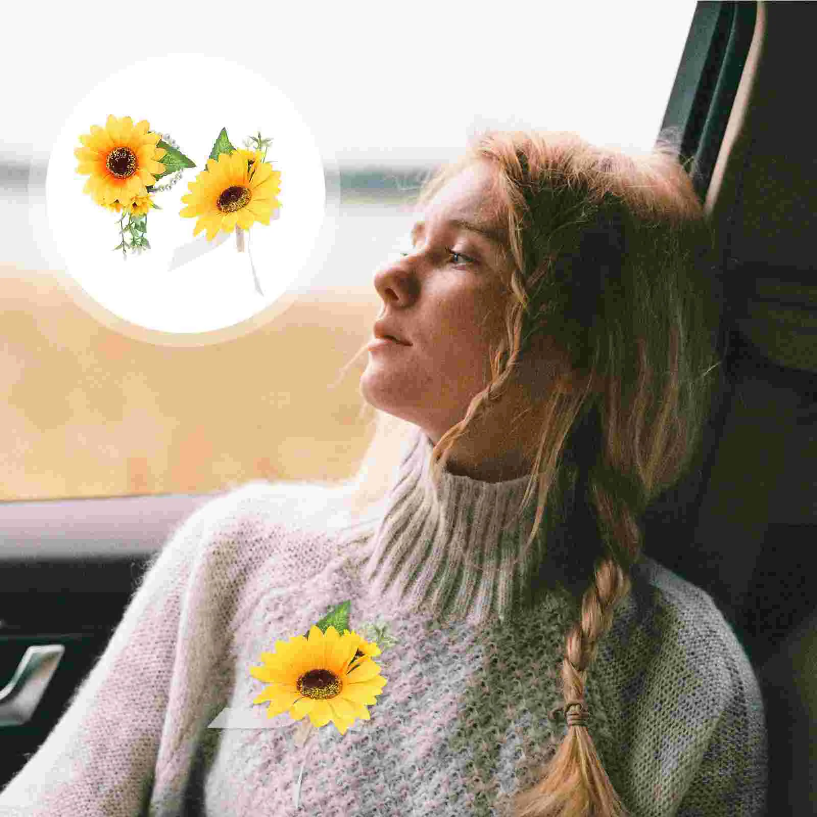 

Corsage Sunflower Wrist Boutonniere Wedding Flower Bridesmaid Bridal Brooch Set Hand Bride Bracelet Artificial Flowers Party