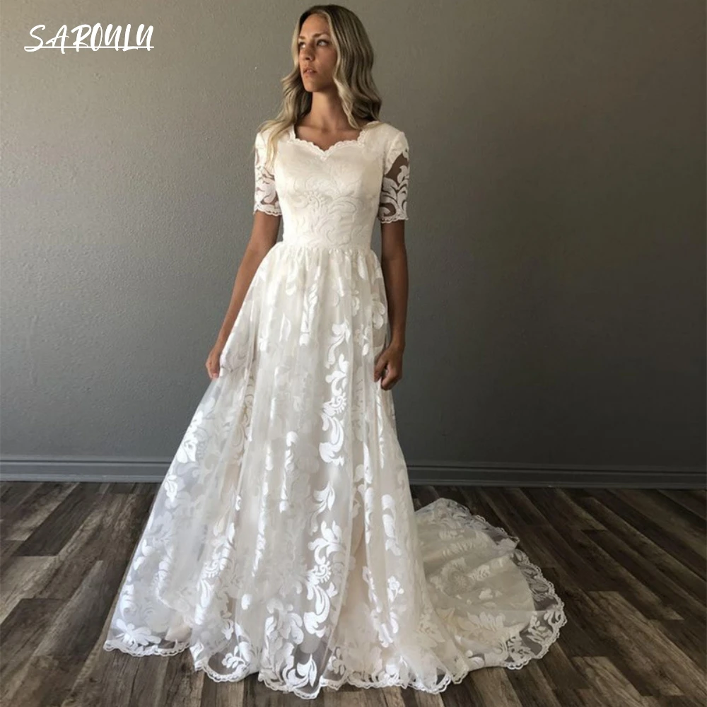 

Half Sleeve Modest Wedding Dress A-line Scoop Neck Lace Appliques Bridal Wedding Gown Lace Custom Made Women Dress For Wedding