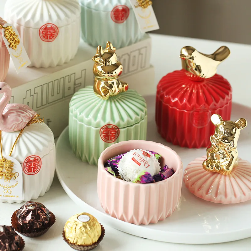

Wedding Ceramic Candy Jar Storage Container Gold Plated Animal Sundries Jewelry Jar Exquisite Porcelain Gift Tank Home Decor New