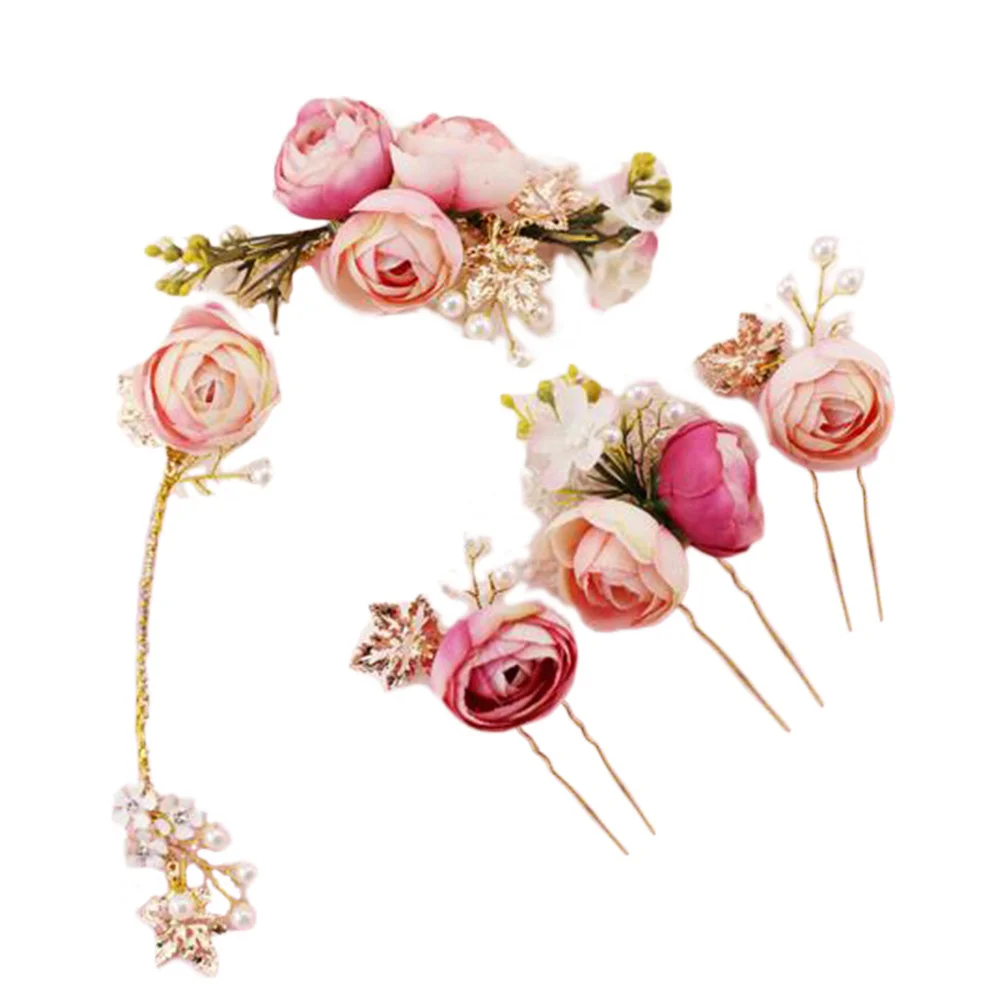 4 Pcs Jaw Hair Clips Bridal Flower Vine Barrettes Girls Accessories Wedding Rose Pin Clamps Hairpin U- Shaped Fabric