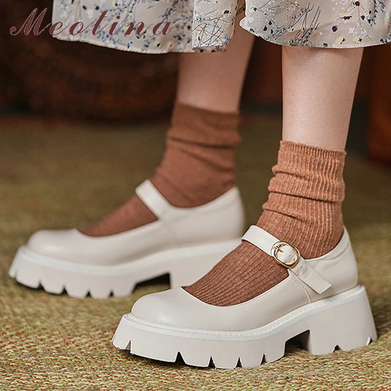

Meotina Women Mary Janes Shoes Genuine Leather Platform Thick Heels Pumps Buckle Round Toe High Heel Lady Footwear Spring Beige