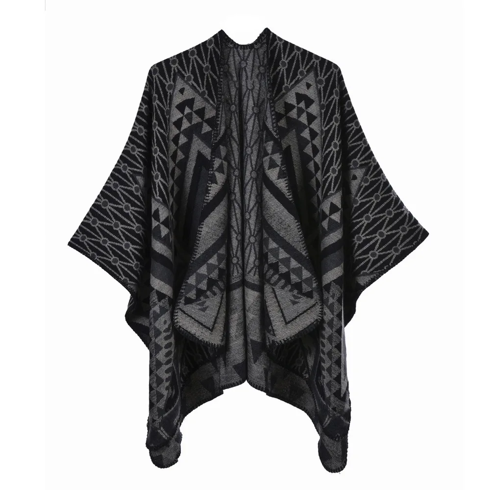 Autumn  Winter Split Large Shawl Cape Retro Fashion Simple Shawl Blanket Women Cape  Ponchos Lady Coat Black