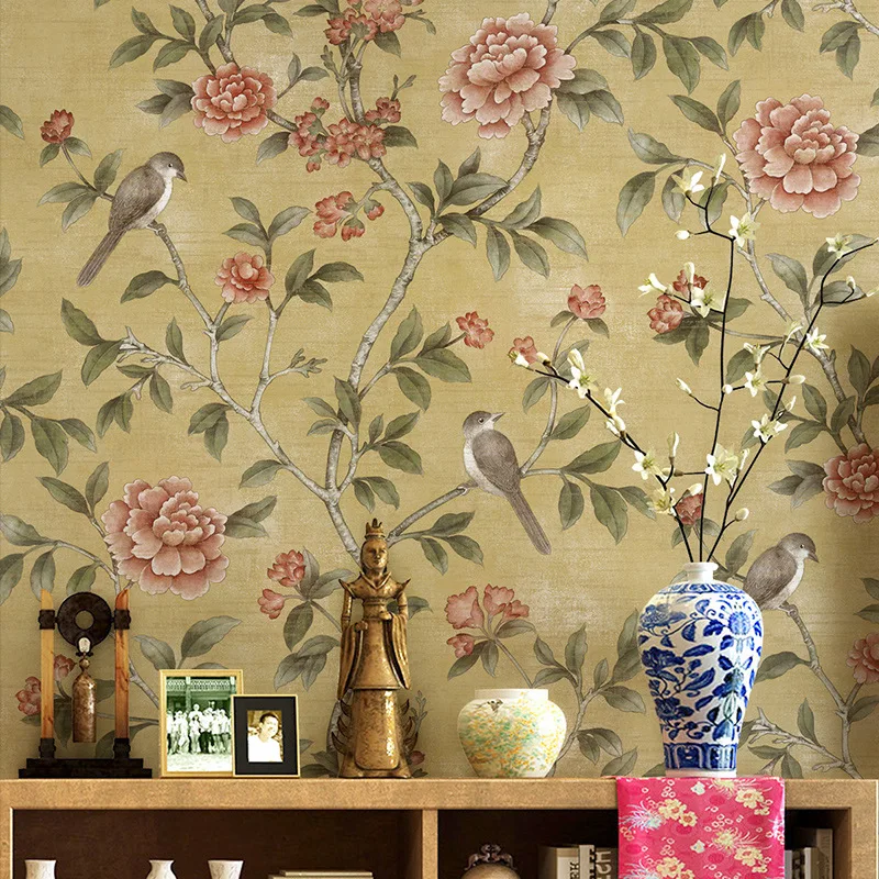 Chinese Style Floral Wallpaper Classical Pastoral Flowers Birds Wall Paper Red Yellow Blue Chinoiserie Retro Girls Bedroom
