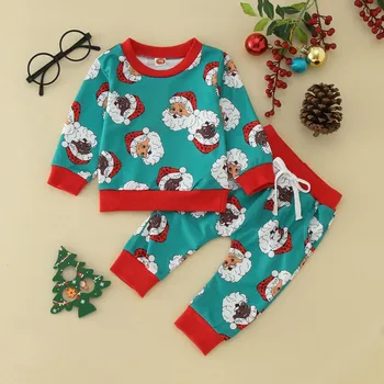 Christmas Santa Claus Suit Kids Boys Girls Christmas Long Sleeve Cartoon Santa Prints T Shirt Tops Pants Outfits ropa de niña 1
