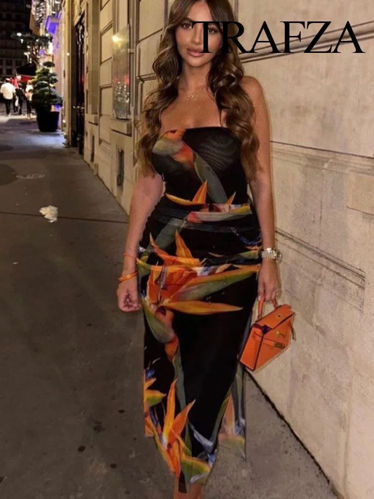 

TRAFZA Female New Fashion Chic Two Piece Suit Vintage Sexy Sleeveless backless Slim Jumpsuit＋Printed Beach Party Chic Skirt