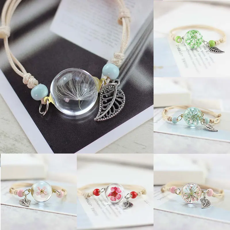 

1PCS Sweet And Lovely Resin Dried Flower Bracelet Boho Handmade Glass Ball Hand Chain Weave Adjustable Charm Bracelets