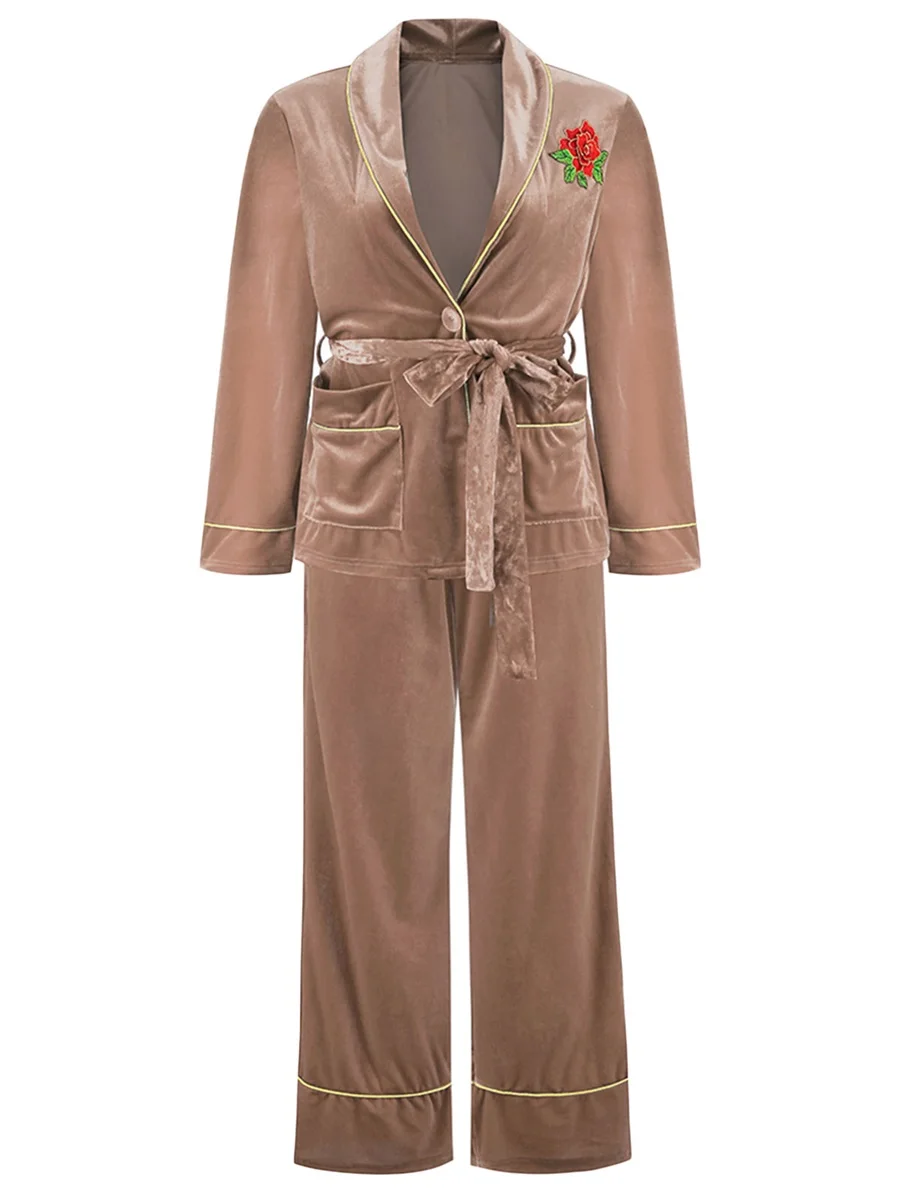 Fall Winter Women Warm 2Pcs Pajamas Set Ladies Rose Embroidery Gold Edge Long Sleeve Button Up Belted Tops + Pants Set Sleepwear