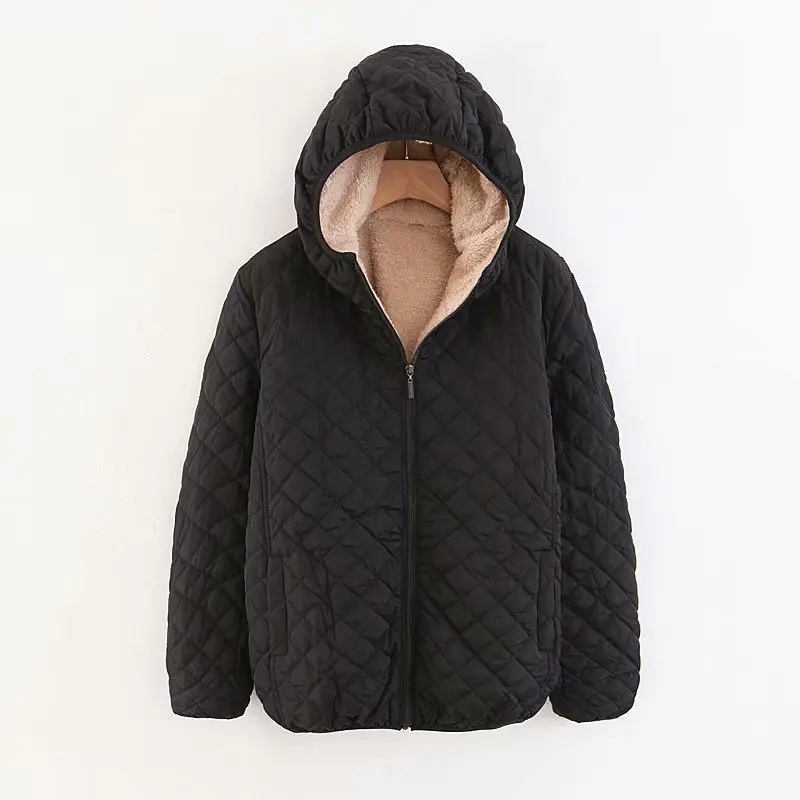 2022 Autumn and Winter New Plaid Embroidered Short Padded Jacket Plus Velvet Thick Lamb Wool Padded Jacket