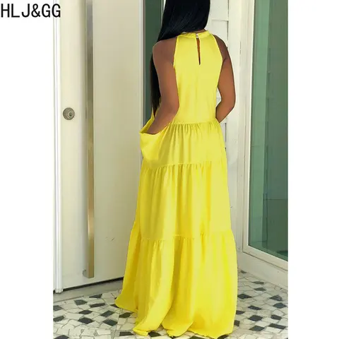 HLJ&GG Yellow Summer Sleeveless A-line Floor Dresses Women Round Neck Loose Party Club Robe Vestidos 2023 New Female Clothing