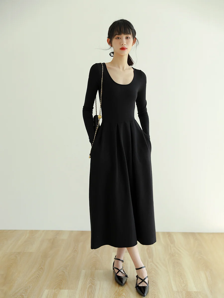 

Женское трикотажное платье во французском стиле, маленькое черное платье в стиле Хепберн для весны и осени