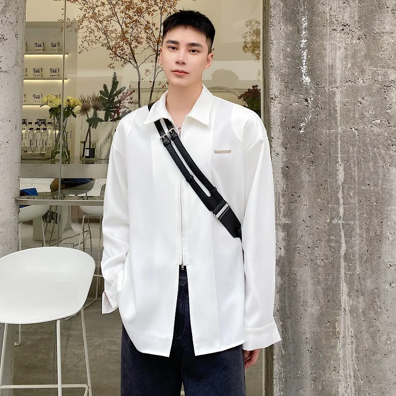 

Мужская Повседневная рубашка на молнии, белая или черная Свободная рубашка с длинным рукавом, в уличном стиле, весна-осень 2022