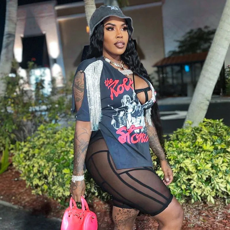 

Summer Casual Streetwear Design Fashion Tassel Printed Tops Woman Oversize Tshirt V Neck Short Sleeve Y2K Punk Top Party Tees
