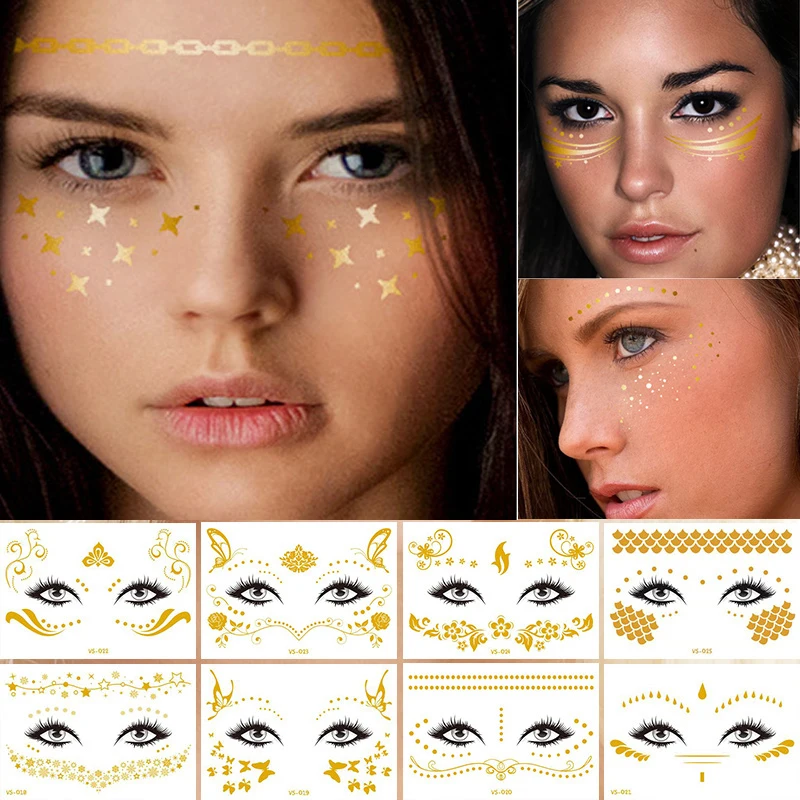 Sexy Gold Temporary Tattoo Women Party Body Eye Fake Flash Tatoos Gold Metallic Tattoo Stickers Girl Bracelet Wrist