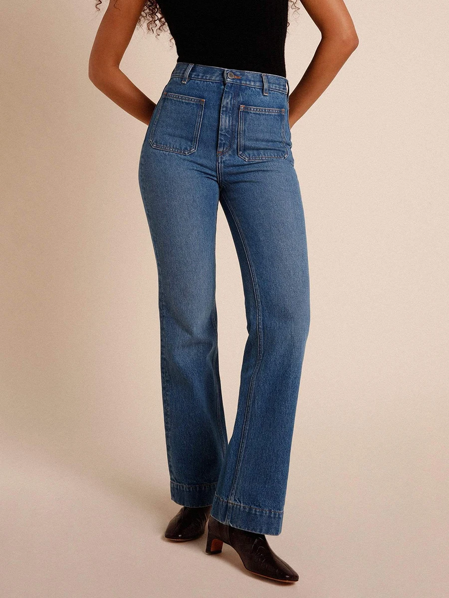 Blue Denim Jeans Woman Autumn Winter High Waist Cotton Pockets Button Flared Pants Femme Vintage French Trousers 2022 Fashion