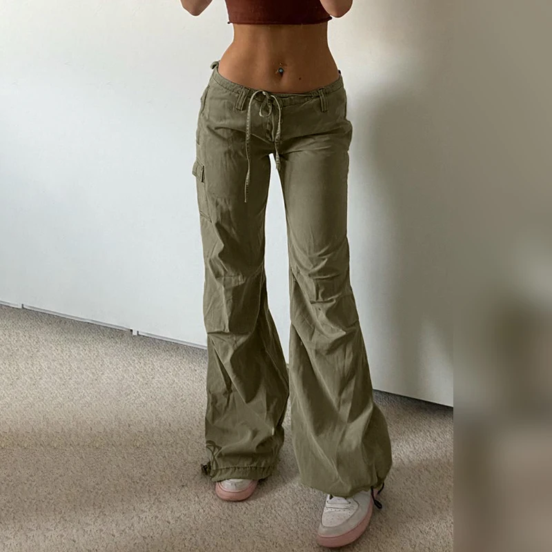 

Y2k Green Cargo Pants Tied Ruched Pants Women Retro Low Waist Baggy Pants Pockets Harajuku Joggers 2022 drawstring sweatpants