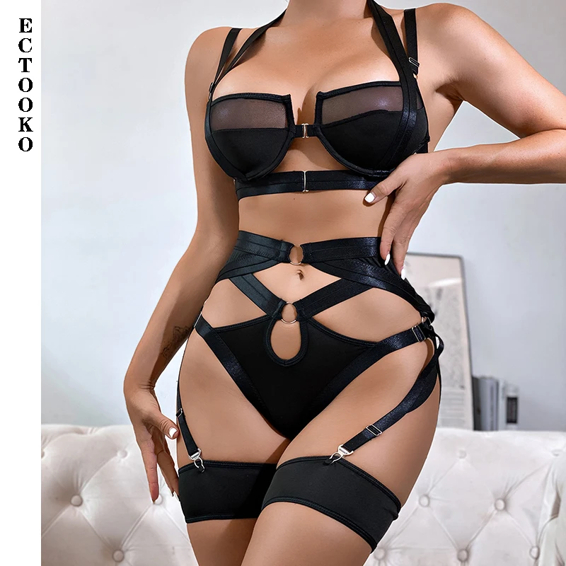 

ECTOOKO 2022 Sexy Goth Women's Underwear Lingerie Hollow Out Black Exotic Brief 3 Piece Sets Setup Ladies Underwire Billzna Set