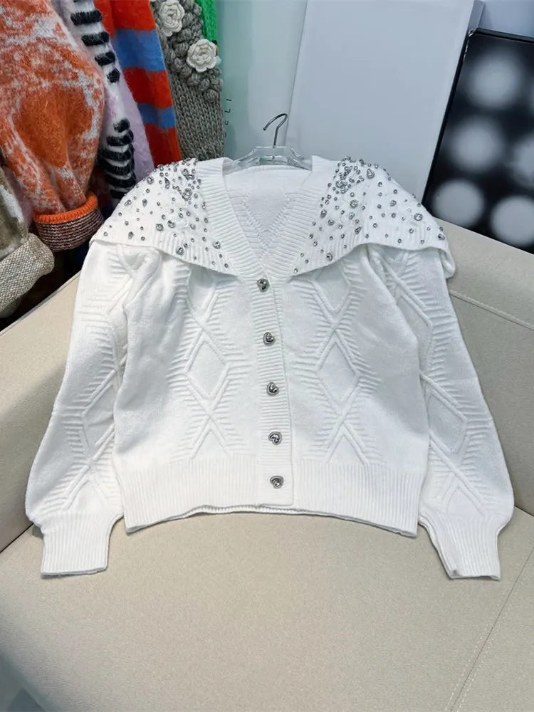 

Retro Shawl V-neck Bead Sweater Cardigan Top 2022 Fall Winter White Knitted Coat Women Lady Diamonds Button Short Sweaters Femme