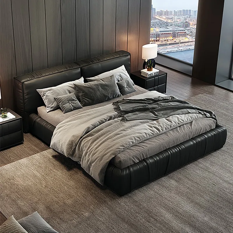 

Leather bed main bedroom 1.8m bean curd, double bed size, luxurious Italian minimalist leather bed