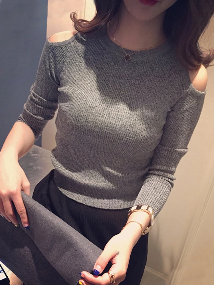 

Женский трикотажный пуловер с открытыми плечами, однотонный эластичный облегающий пуловер с длинным рукавом, весна-осень