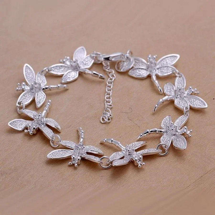 

High Quality Fashion 925 Sterling Silver Bracelets Chain Jewelry Creative Inlaid Stone Dragonfly Lady for Women Party Gift 20cm