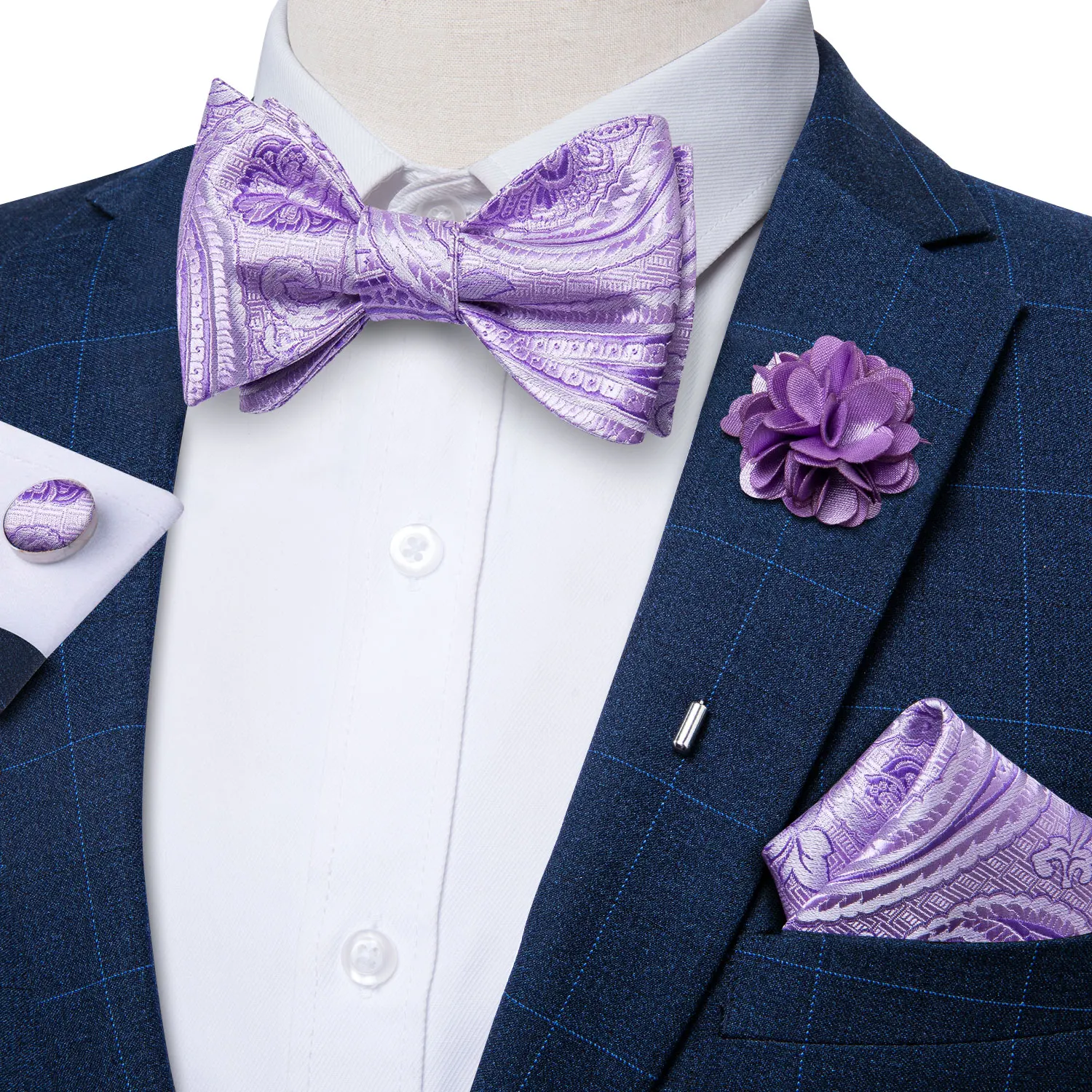 

Violet Blue Men's Bow Tie Cufflinks Handkerchief Corsage Set Gentleman Jacquard Woven Pink Black Paisley Self-tie Butterfly Tie