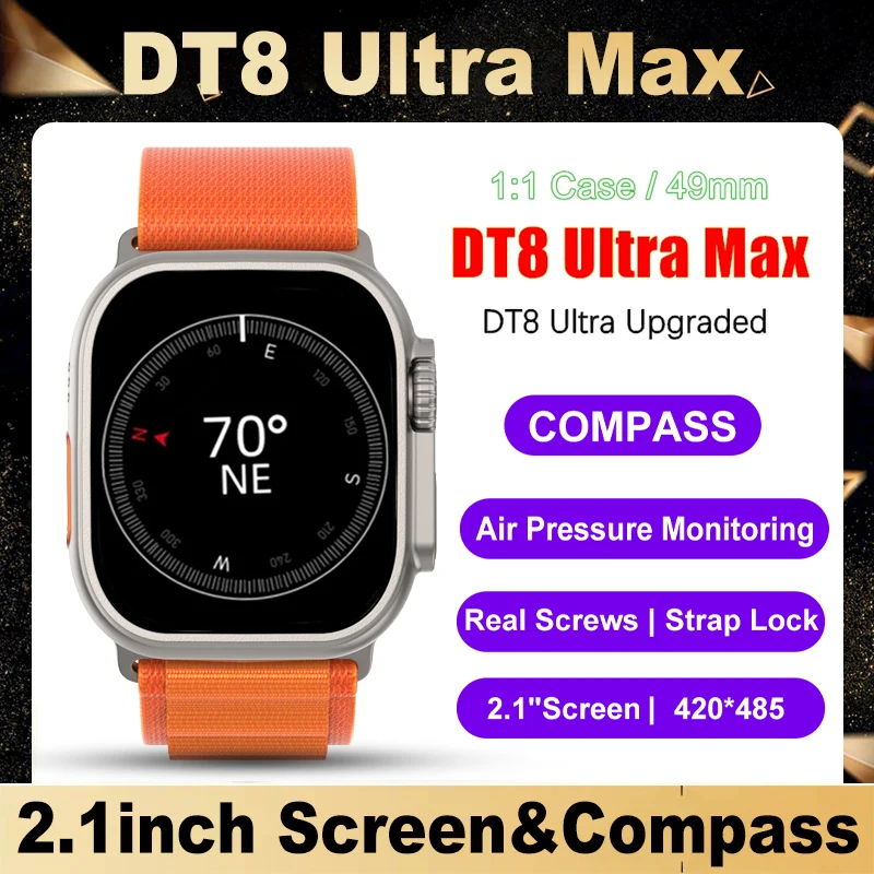 2023 New DT8 Ultra Max Smart Watch Ultra Series 8 49MM 2.1'' Upgraded Screen Compass NFC GPS Smartwatch Men With Double Strap