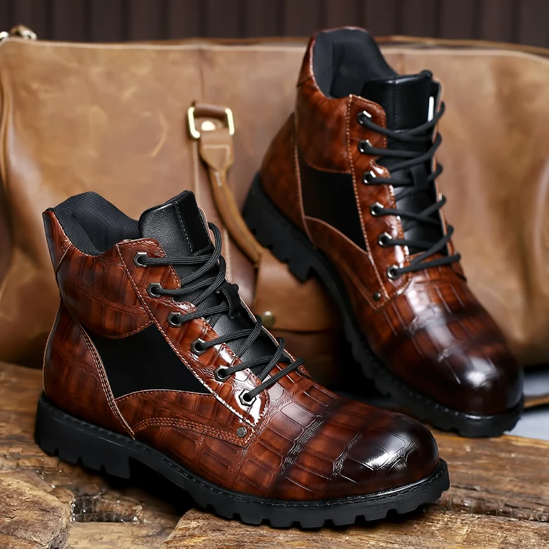 

Мужские кожаные ботинки с круглым носком, коричневые ботинки с сетчатым узором на квадратном каблуке, изысканная модная дизайнерская обувь для отдыха, осень-весна 2022