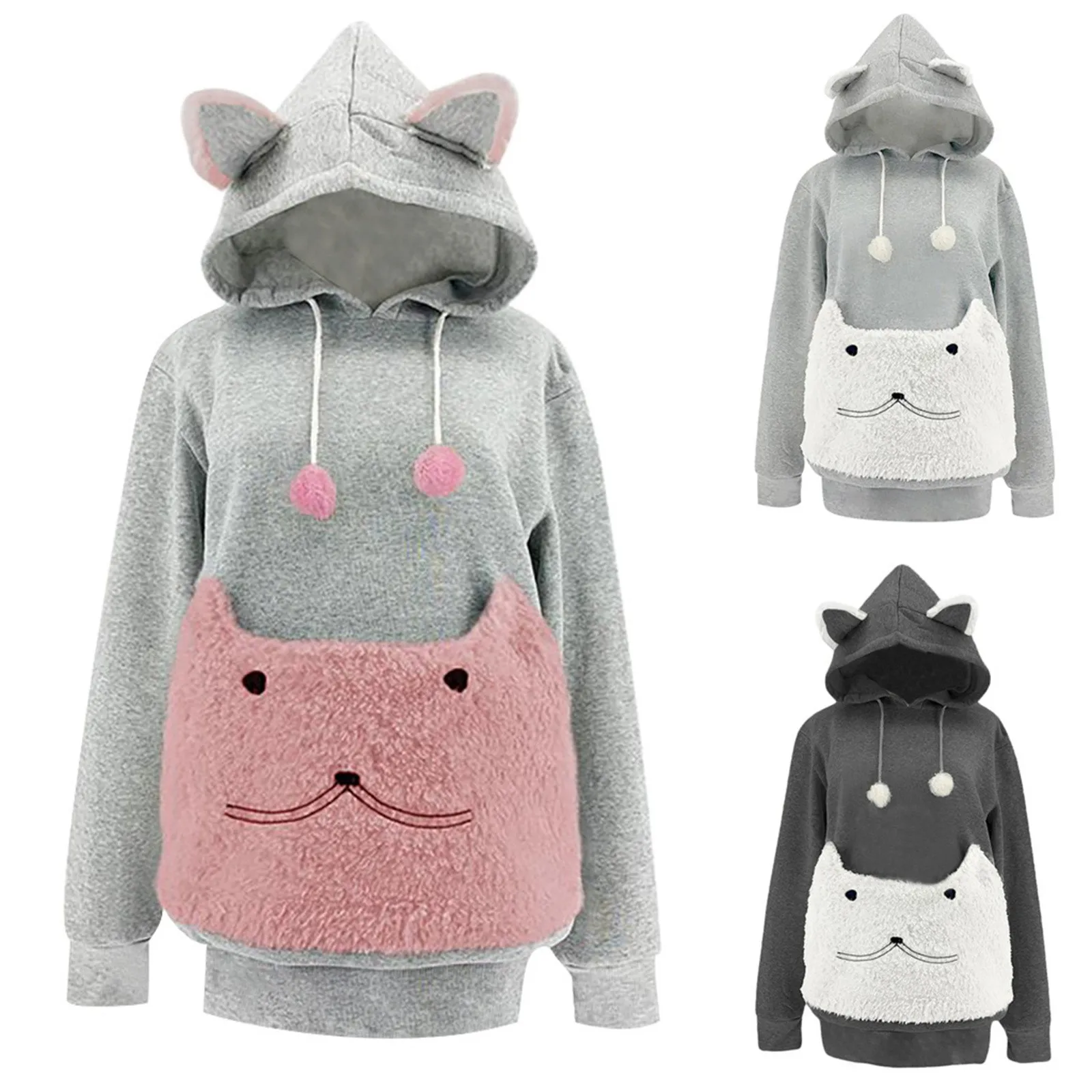 

Women Fashion Embroidered Large Pocket Pet Streetwear Cat Ear Comfortable Sweatshirts зип худи Kawaii Anime Harajuku Hoodies