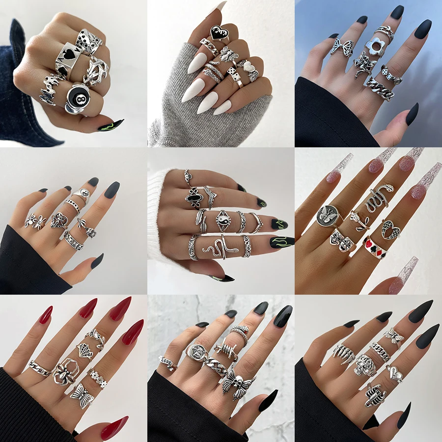 

Набор винтажных металлических колец в стиле панк для женщин и мужчин, антикварные кольца на палец в виде змеи, черепа, готические украшения